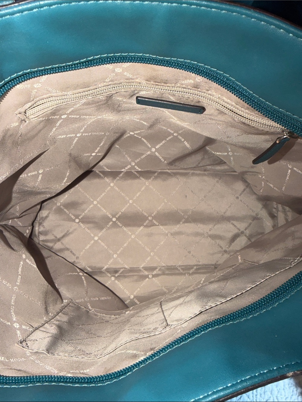 Michael Kors Brown Tote with Teal and White Center Stripe - Picture 5 of 13